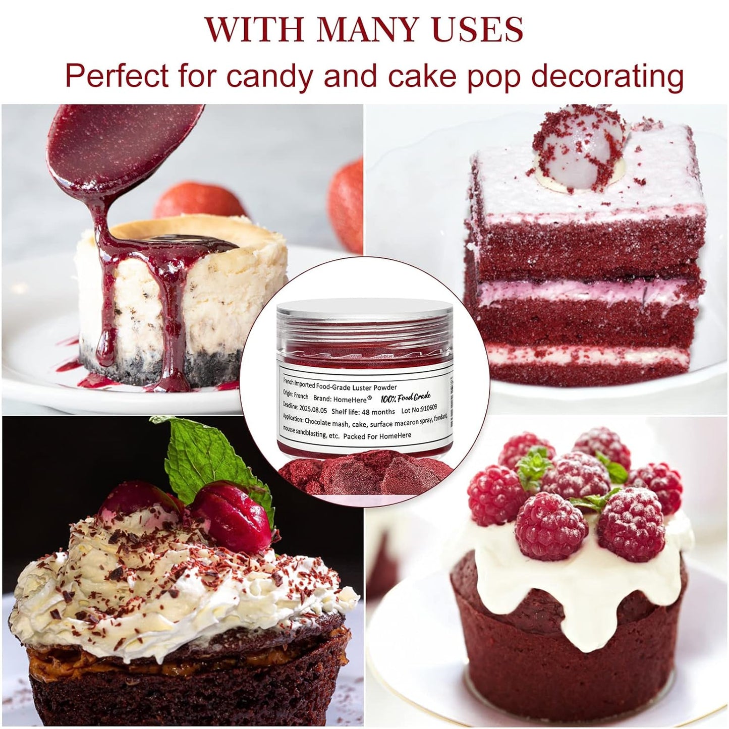 HomeHere Edible Luster Dust Food-Grade Glimmer Powder Glitter for Cake Decorating 7g, Edible Sprinkle Glitter for Cocktails Drinks Baking Candy Dessert Chocolate Vegan Tasteless, Burgundy