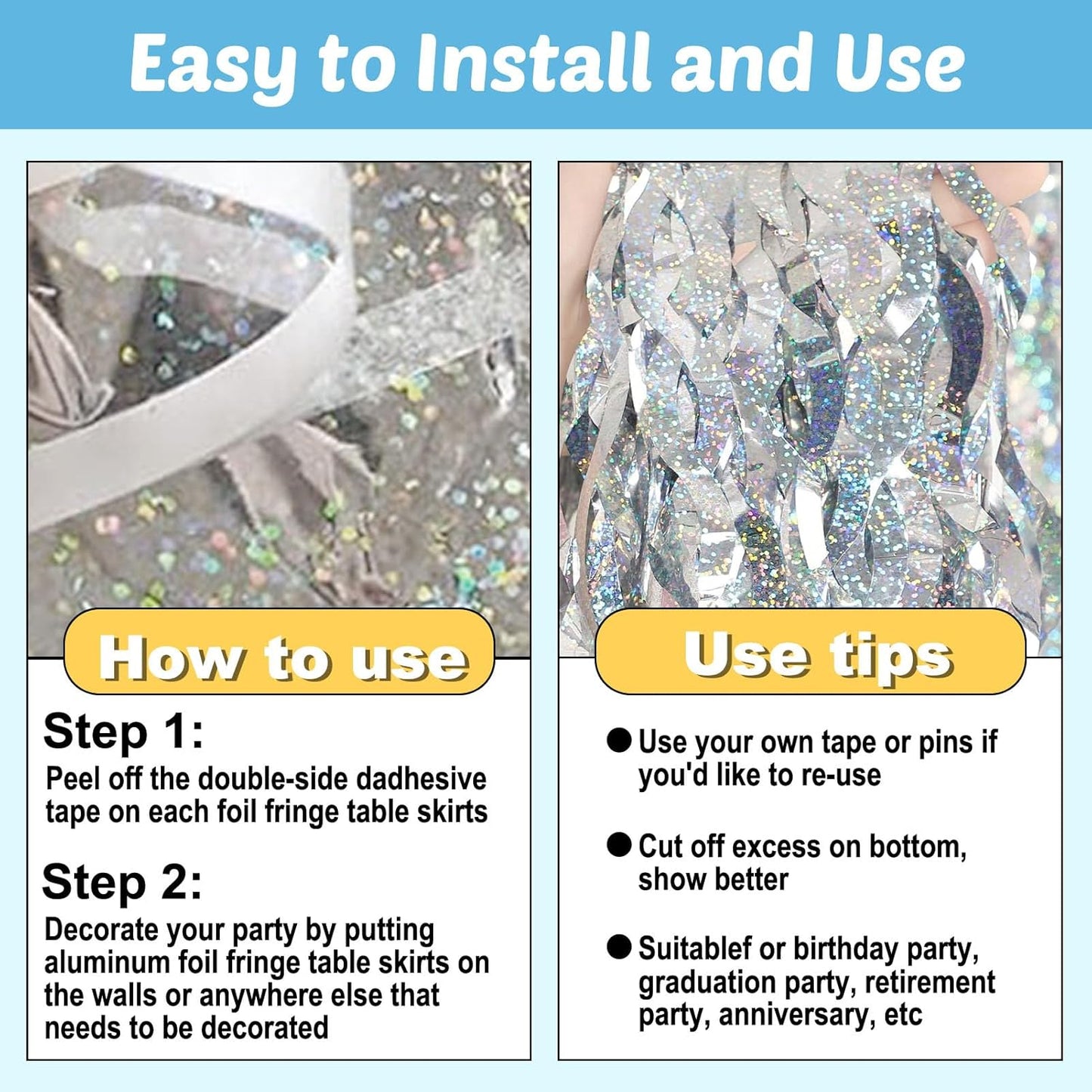 6 Pack 29x108 Inch Silver Wave Foil Fringe Table Skirts Metallic Banner for Tinsel Streamer Garland Backdrop for Parade Floats Mother's, Graduate, Mardi Gras, Birthday, Wedding Party Decorations