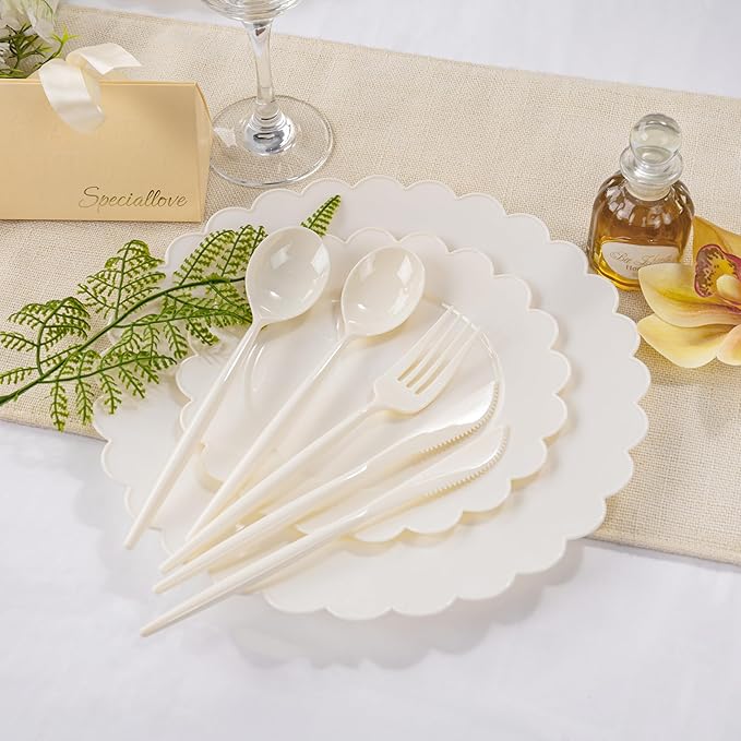 Supernal 180pcs Plastic Silverware Heavy Duty Ivory Plastic Utensils Cutlery Disposable Beige Party Silverware Include 60 Forks,60 Knvies,60 Spoons Disposable Cutlery for Party,Wedding,New Year