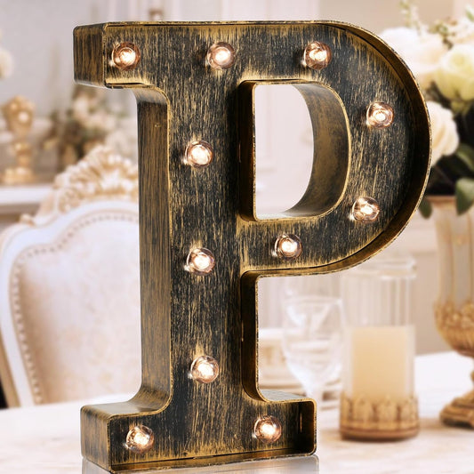 OYCBUZO Golden Black Led Marquee Letter - Industrial, Vintage Style Light Up Alphabet Letter Sign for Cafe Wedding Birthday Party Christmas Lamp Home Bar Initials Decor - P