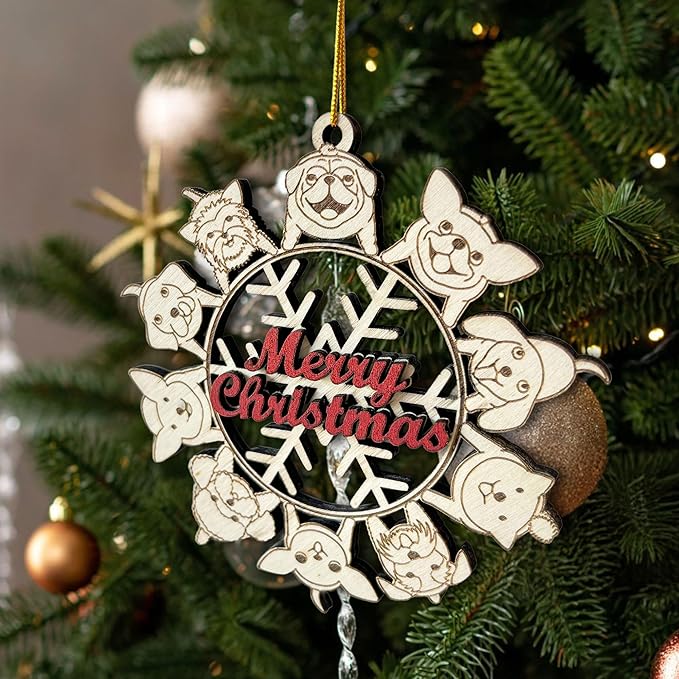 Dogs Snowflake Merry Christmas Wooden Ornament – Dog Lover Christmas Tree Decoration - Dog-Themed Holiday Ornament for Tree Hanging Ornament