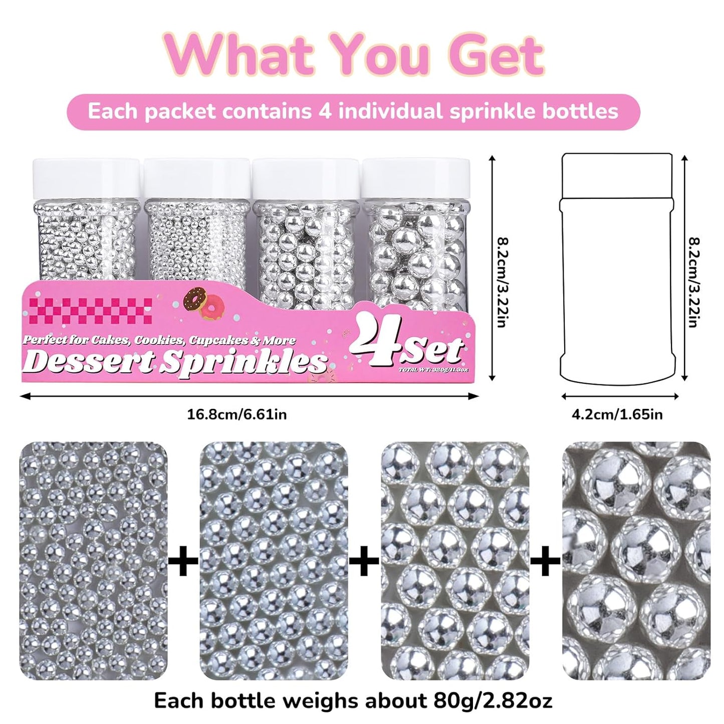 Silver Pearl Sprinkles for Cake Decorating, 11.3 Oz Edible Pearls Sugar 4 Sizes Gift Box Set for Baking Cookie Ice Cream Cupcake Toppings