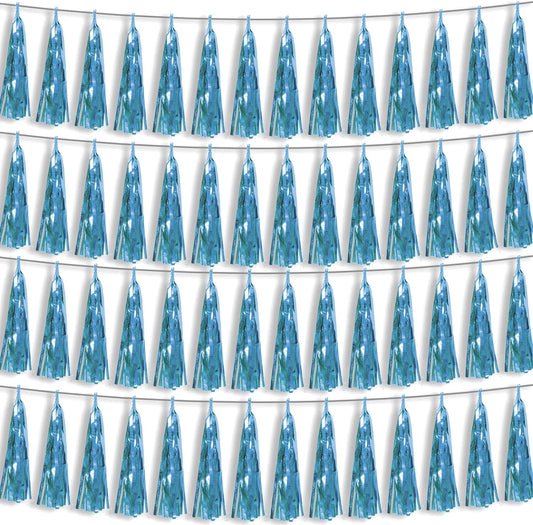 4P Light Blue Foil Fringe Metallic Streamers Banner Tassel Garland for Parade Floats, Bachelorette, Wedding, Birthday, Halloween, Christmas, Bridal/Baby Shower Party Decorations