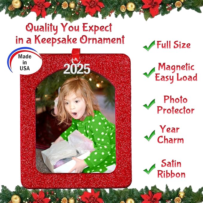 2025 Photo Ornaments for Christmas Tree, Sparkly Glitter Christmas Frame Ornament, Easy-Load Magnetic Design, Includes Satin Ribbon, Silver Charm & Photo Protector, Vertical, Silver