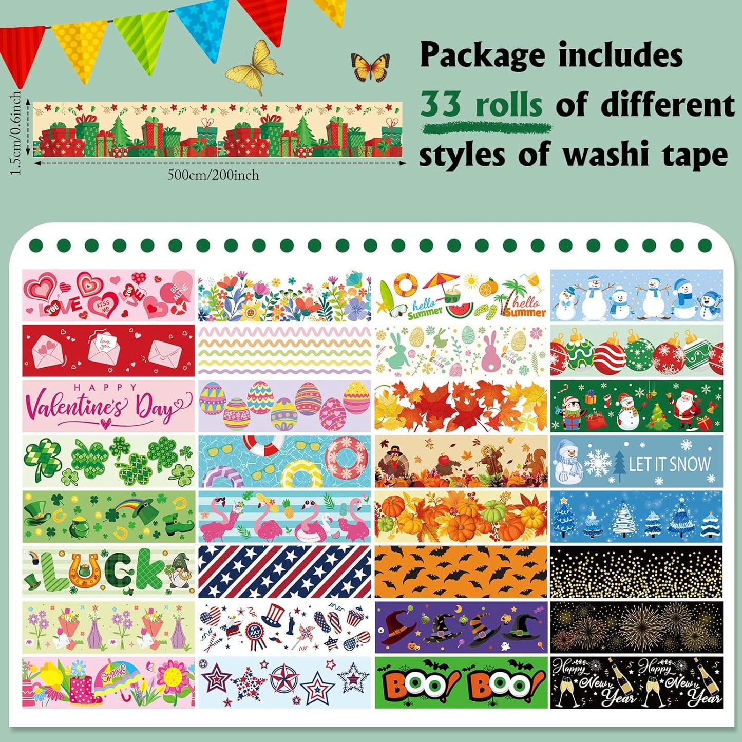 TaoBary 33 Rolls Holiday Plaid Washi Tape, 15 mm Seasonal Washi Tape Set Bohemian Colorful Vintage Cute for Card Wrapping Craft(Festive Style)