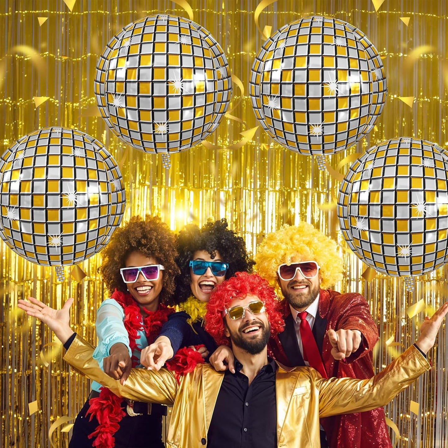 Disco Ball Balloons 4PC,Foil Disco Balloons 22 Inch 4D Round Metallic Gold Silver Balloon for 70s 80s Birthday Bachelorette Graduation Decorations