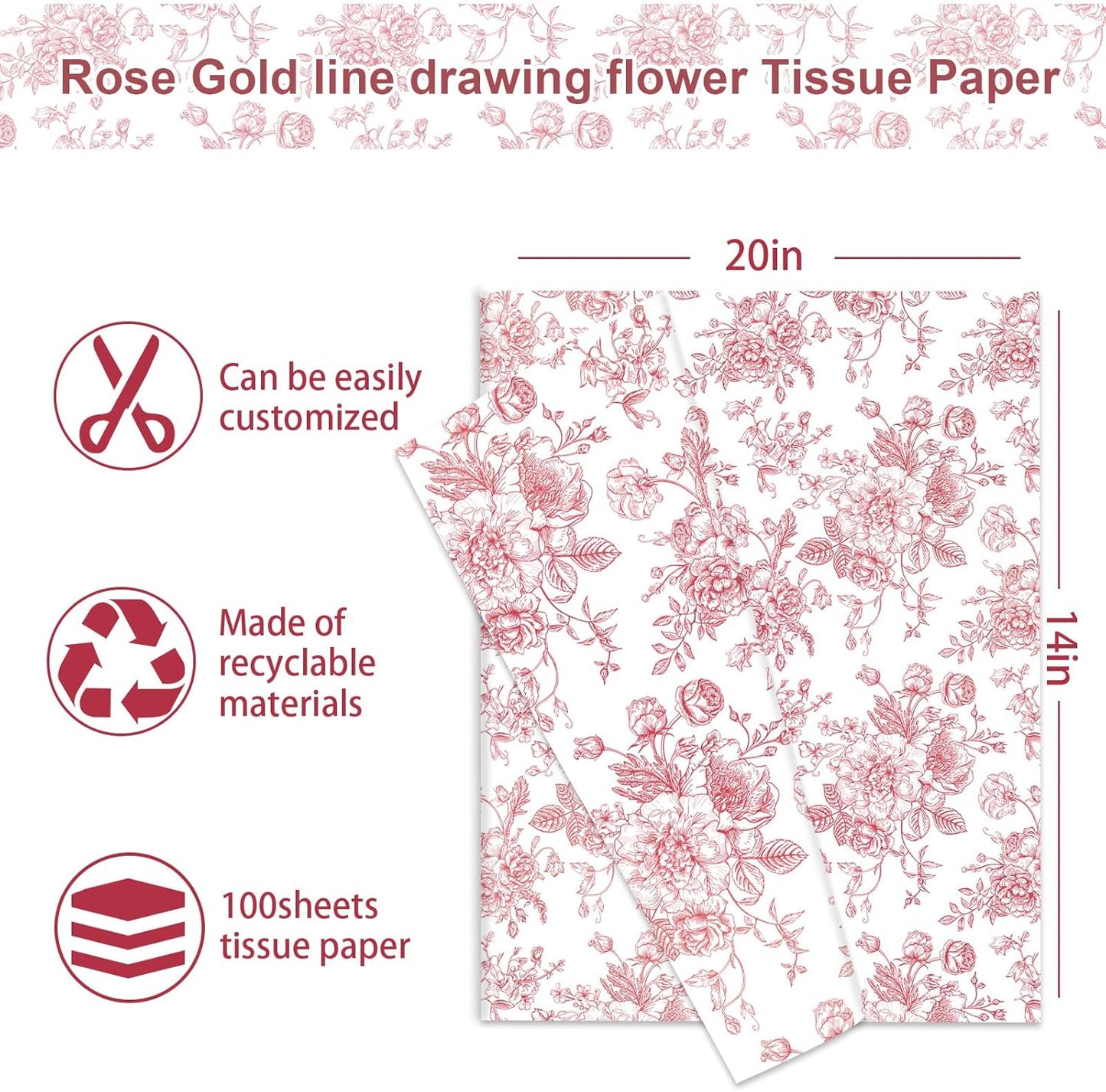 JarThenaAMCS 100 Sheets Floral Tissue Paper Rose Gold Flower Gift Wrapping Paper Vintage Decorative Art Paper for Home Party DIY Crafts Supplies, 14 x 20 Inch