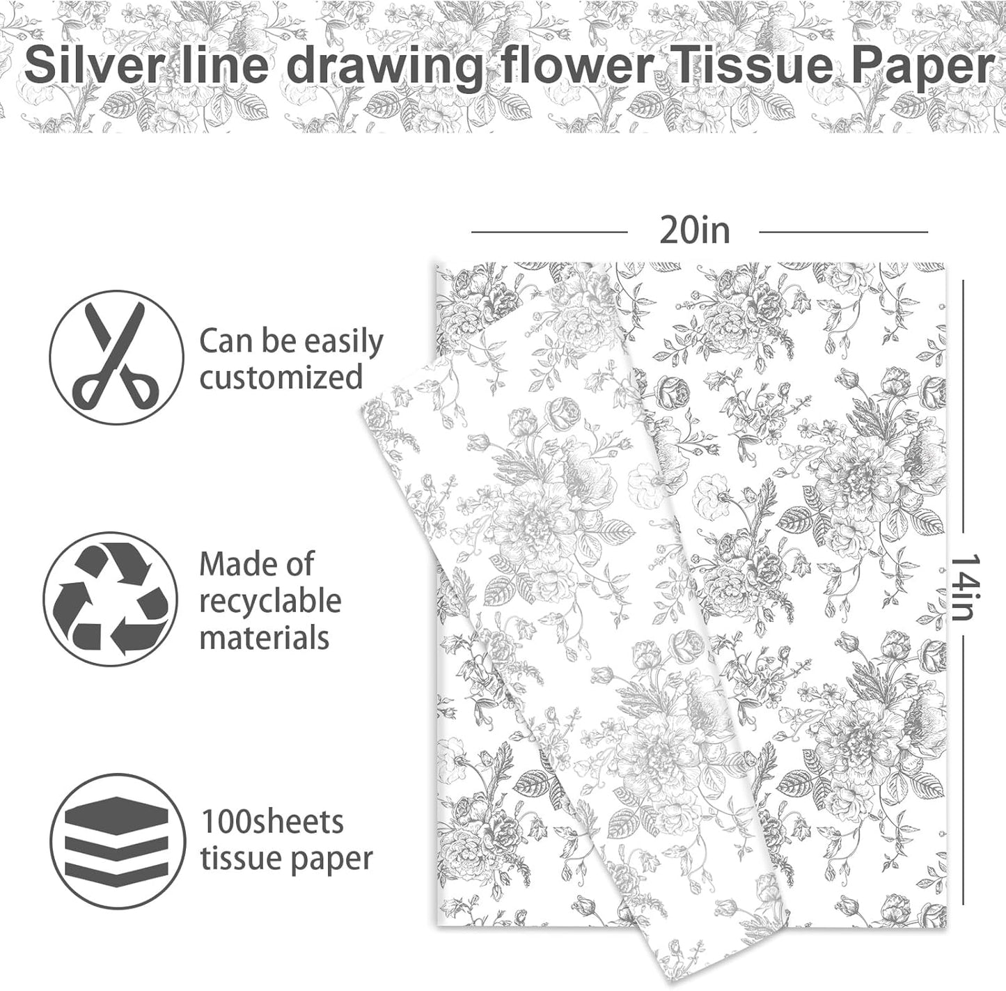 JarThenaAMCS 100 Sheets Floral Tissue Paper Silver Flower Gift Wrapping Paper Vintage Decorative Art Paper for Home Party DIY Crafts Supplies, 14 x 20 Inch