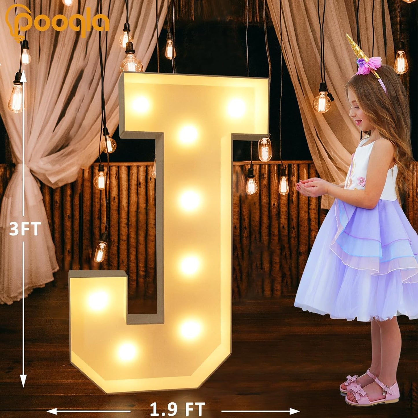 Pooqla 3FT Marquee Light Up Letters, Cool White and Warm White LED Big Mosaic Marquee Letters 3 Feet, Giant Letter Sign for Balloons Birthday Anniversary Wedding Party Decoration, Letter J