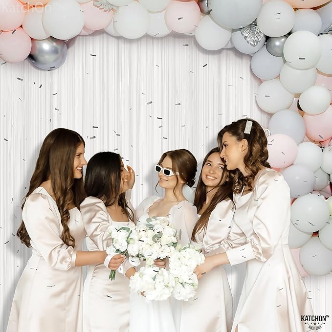 KatchOn, White Foil Fringe Curtain - XtraLarge 3.2x8 Feet, Pack of 2 | Fringe Backdrop for Party Decorations | White Backdrop for Bridal Shower, Baby Shower, Anniversary, Wedding Decorations