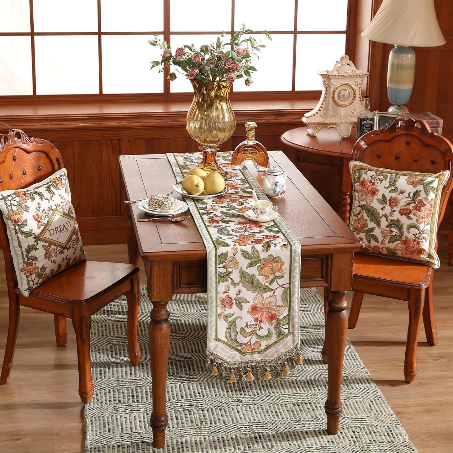 patdrea Designer Elegant French Floral Extra Long Velvet Table Runner,Green with Orange Blossoms Pattern Table Mat,Decoration for Kitchen Dining Coffee Table Cabinet Banquet Thanksgiving,12"*118"