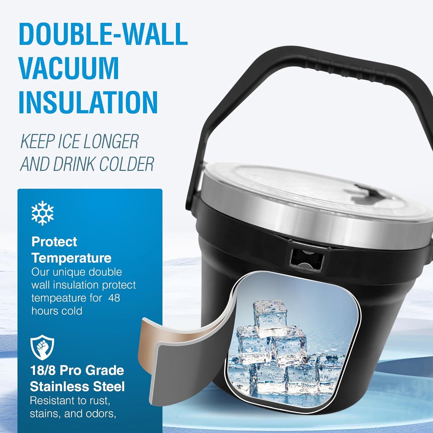 Insulated Ice Bucket with Lid & Scoop-XL Double-Walled, bar Essentials for Entertaining, Holiday Party, Stainless Steel Wine Chiller, Beverage Tub with Handle, Bottle Opener, Great Gift (Black)