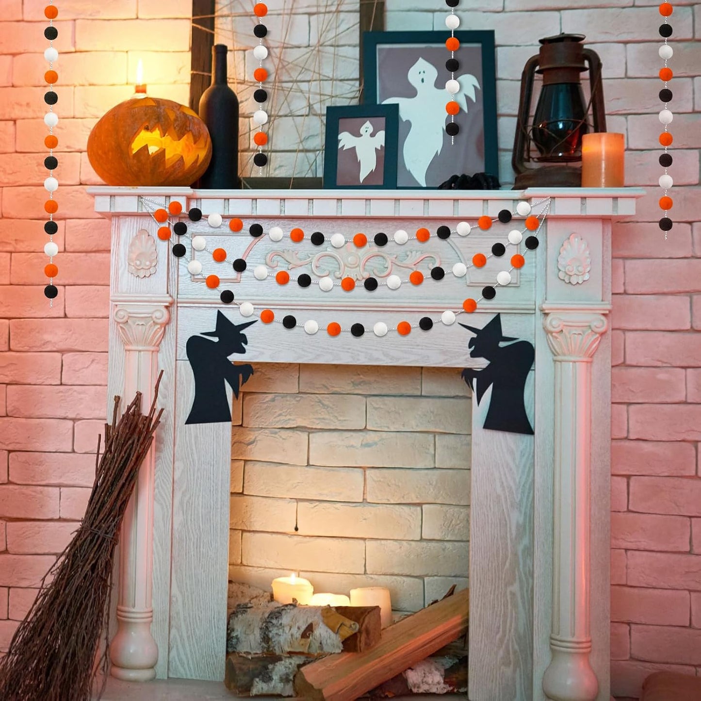 3 Pack Pom Pom Garland Colorful Felt Ball Garland Decorations, 6.5 Feet Long with 30 Balls Banner Hanging Supplies for Halloween, Parties (Orange, black &White)