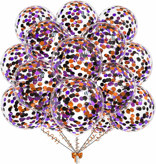 50pcs Purple Orange and Black Foil Confetti Balloons,12 inch Latex Balloon with Purple Orange Black Confetti Inside for Halloween Party Decorations