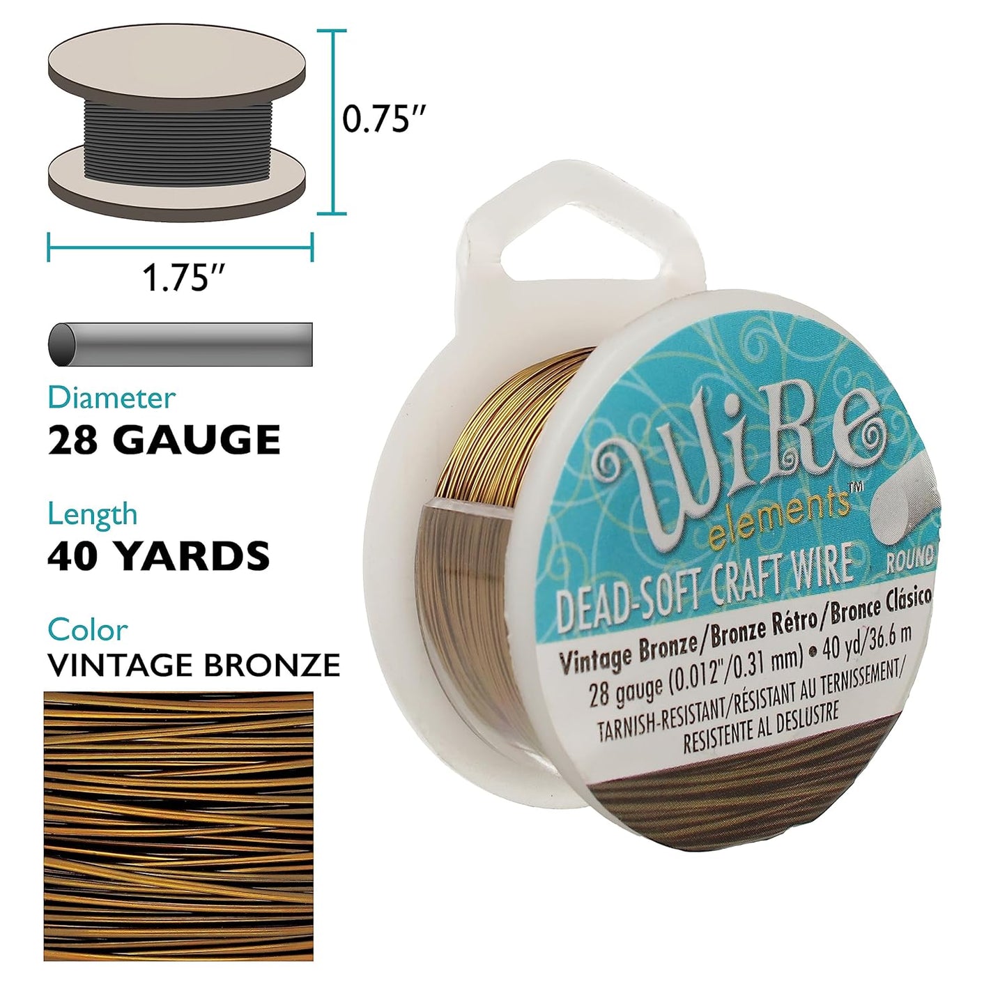 The Beadsmith Wire Elements Craft Wire – Tarnish Resistant, Soft Temper, Round, Vintage Bronze Color – 0.32mm, 28 Gauge, 40 Yard Spool – Jewelry Making, Wire Wrapping, & Other DIY Crafts