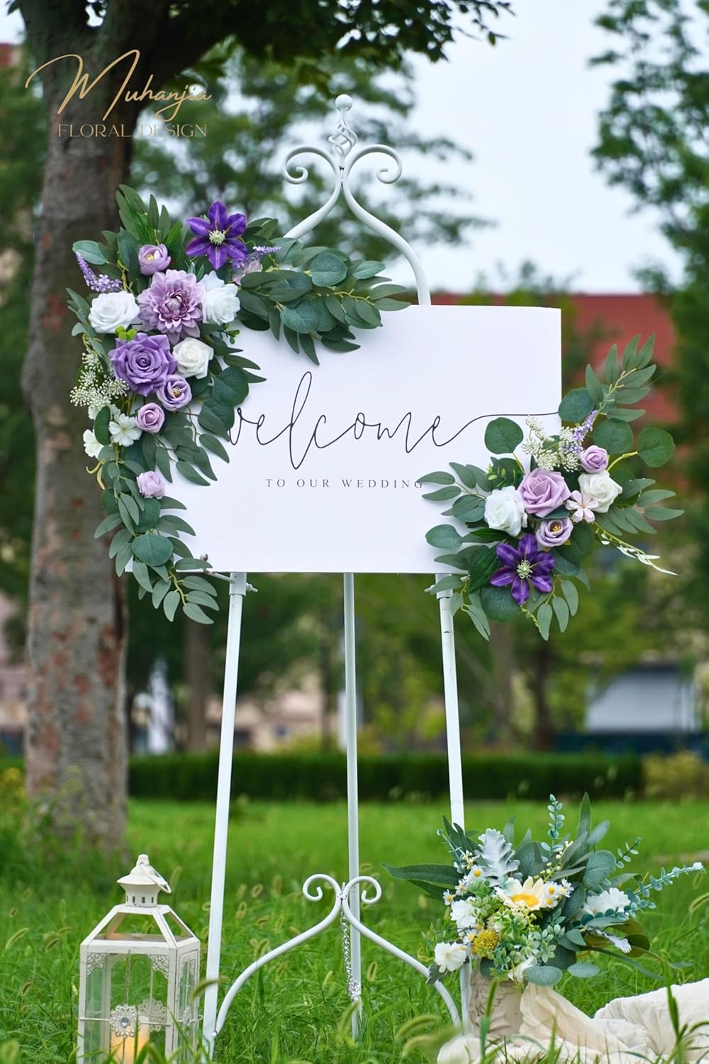 Muhanjia Wedding Sign Faux Flower Swag (Pack of 2) for Ceremony Party Reception Entrance Floral Decor Wall Easel Stand for Wedding Poster Welcome Sign (Purple)