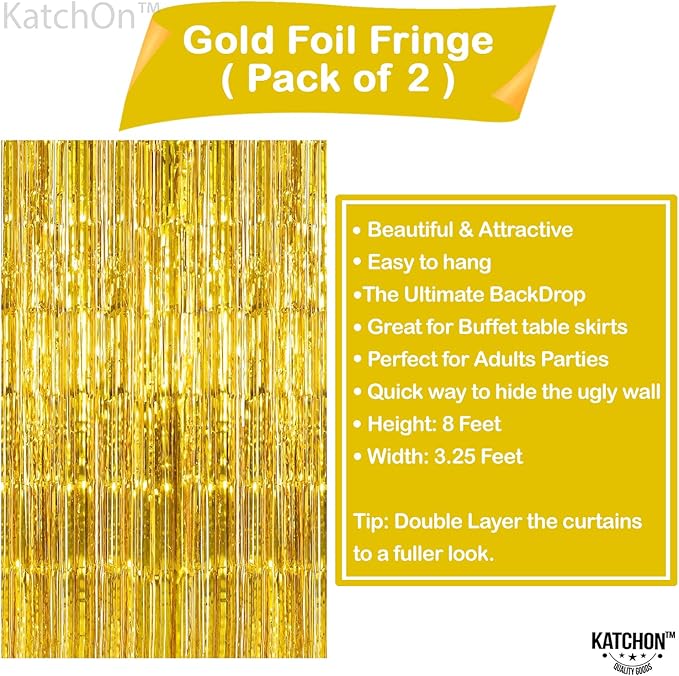 KatchOn, XtraLarge Gold Streamers Backdrop - 3.2x8 Feet, 2 Pcs | Gold Fringe Backdrop Curtain for New Years Decorations 2026, Casino, 50th Birthday Decorations | New Years Eve Party Supplies 2026