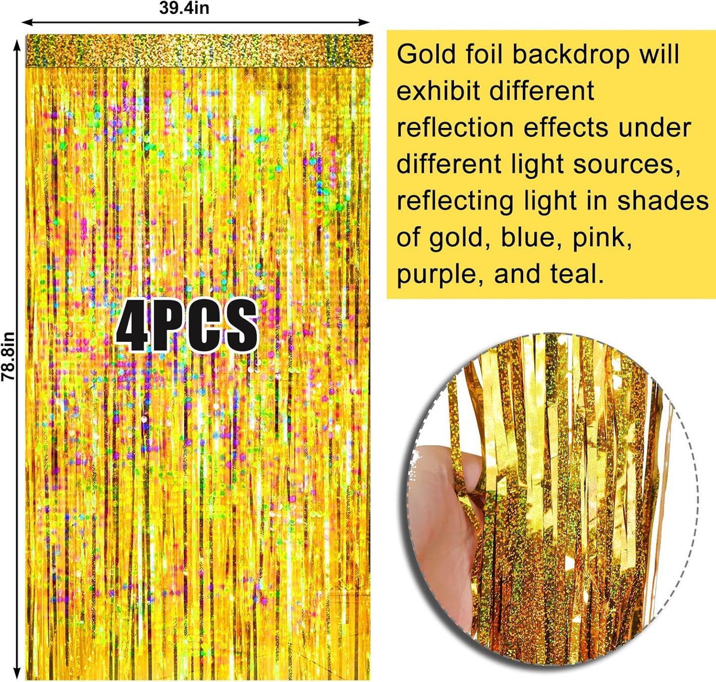 4 Packs Gold Foil Fringe Curtain, Gold Glitter Metallic Tinsel Backdrop for Birthday, Wedding, Baby Shower, Bachelorette, Graduation, Christmas, New Years Eve Party Decorations Supplies