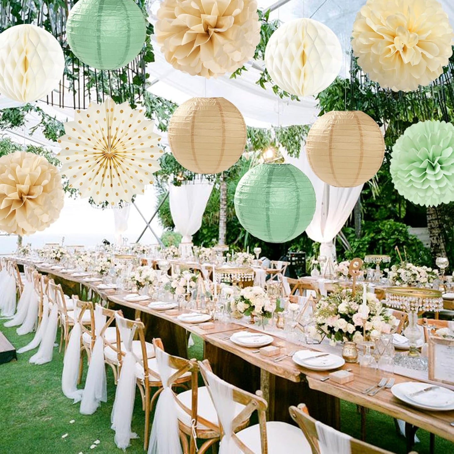 Sage-Green Beige-Champagne Party-Decorations Streamers Lanterns - 14pcs Neutral Baby Shower Paper Fan,Tissue Pom Poms,Honeycomb Balls,Boho Birthday Wedding Bachelorette Engagement Bridal Decor Ouruola