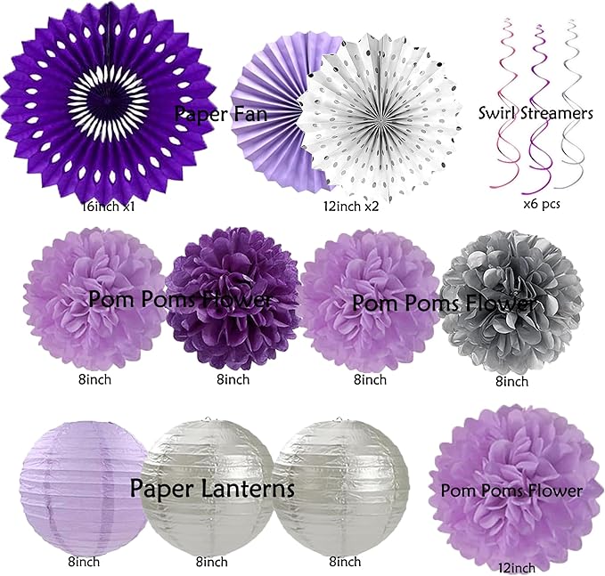 Purple Silver Birthday Party Decorations Kit with Happy Birthday Banner, Paper Lanterns, Streamers, Tissue Pom Poms, Honeycomb Flower Fans, Silver and Purple Balloons, & More for Women Girls' Party