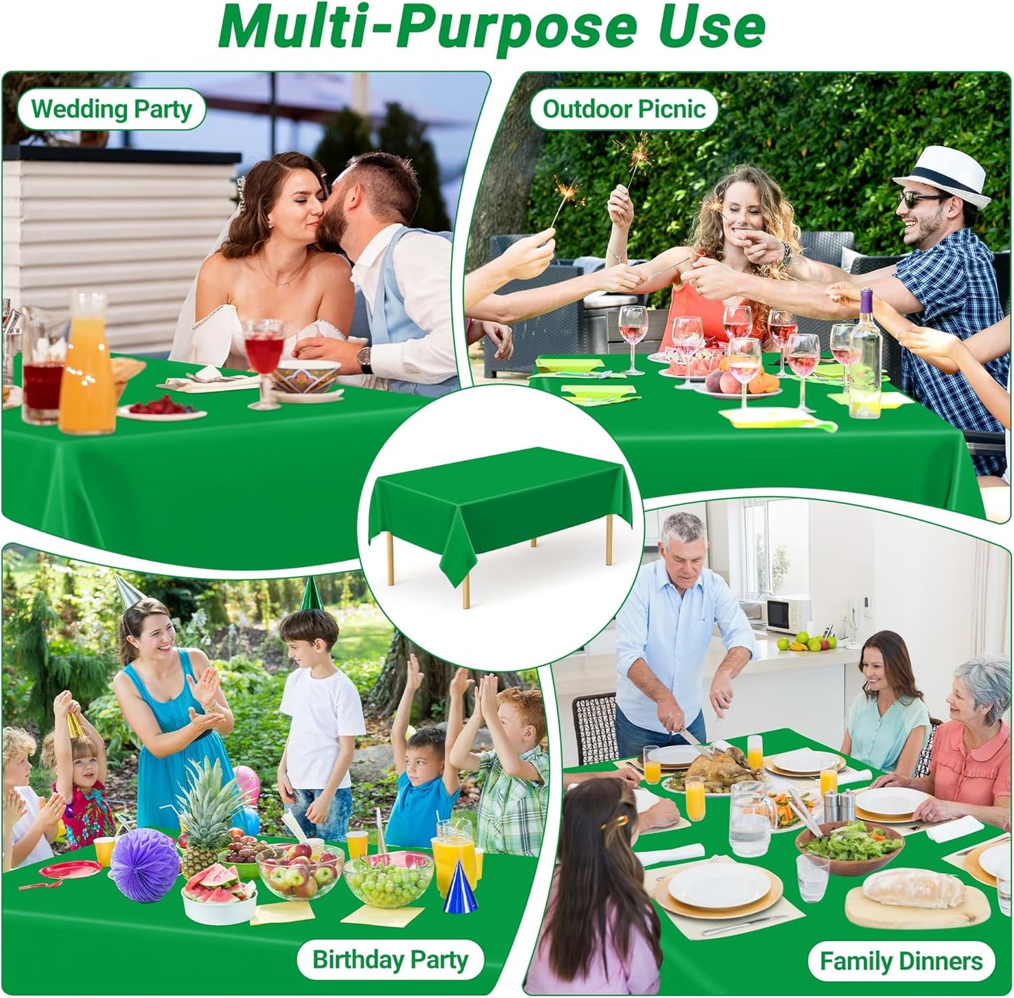 QZYL 12 PCS Disposable Plastic Table Cover, 54 X 108 in Large Table Cloth Rectangle, Green Plastic Tablecloth, Decorative Smooth Tablecloth for Parties Weddings Picnics Outdoor Events