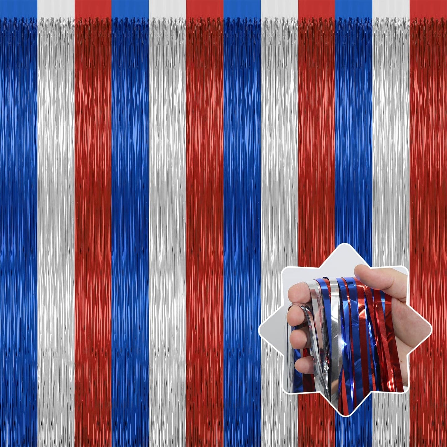 4 Pack 4th of July Party Supplies,3.28 Ft x 6.56 Ft 4th of July Tinsel Backdrop,Blue Silver Red Color Fringe Curtains Streamer Backdrop,4th of July Photo Backdrop Party Decorations