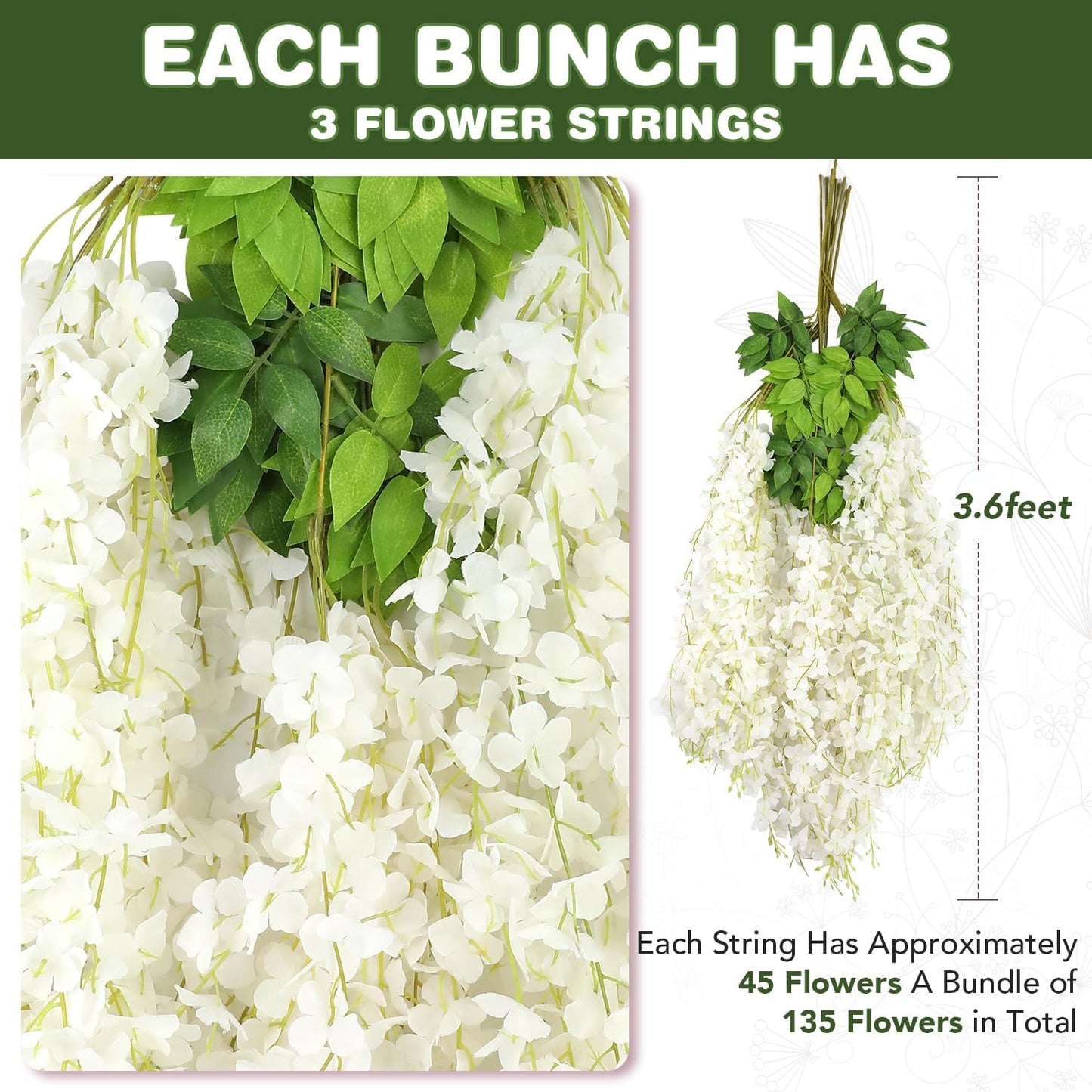 Wisteria Hanging Flowers,Fake Hanging Flowers,Wisteria artificiales Garland for Home Wedding Arch Floral Party Garden Ceremony Outdoor Decor,3.6 feet Long(12,White)