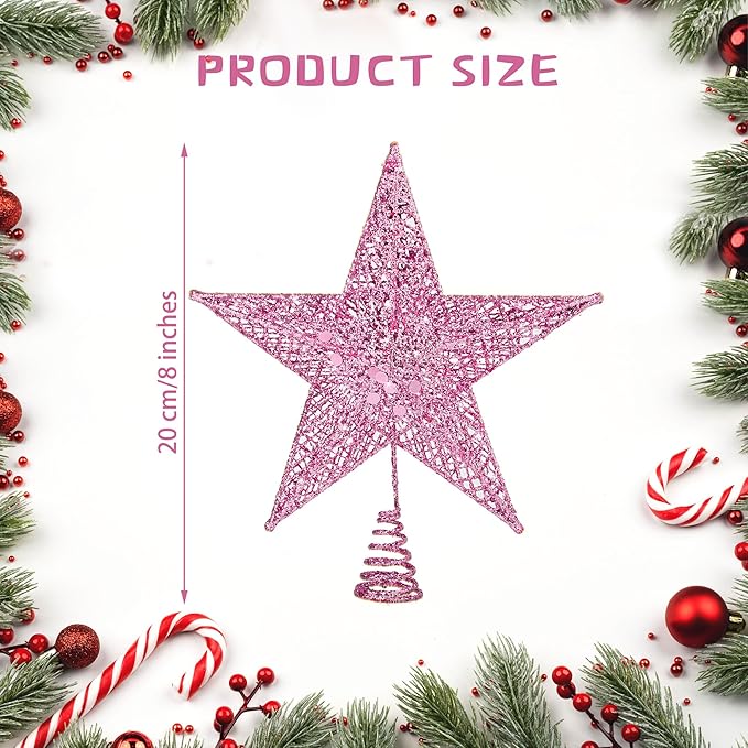 Fovths Christmas Tree Topper 8 Inches Metal Glittered Christmas Tree Topper Wire Star Treetop Sparkle Xmas Decoration for Christmas Tree Ornament Indoor New Year Holiday Party Supplies (Pink)