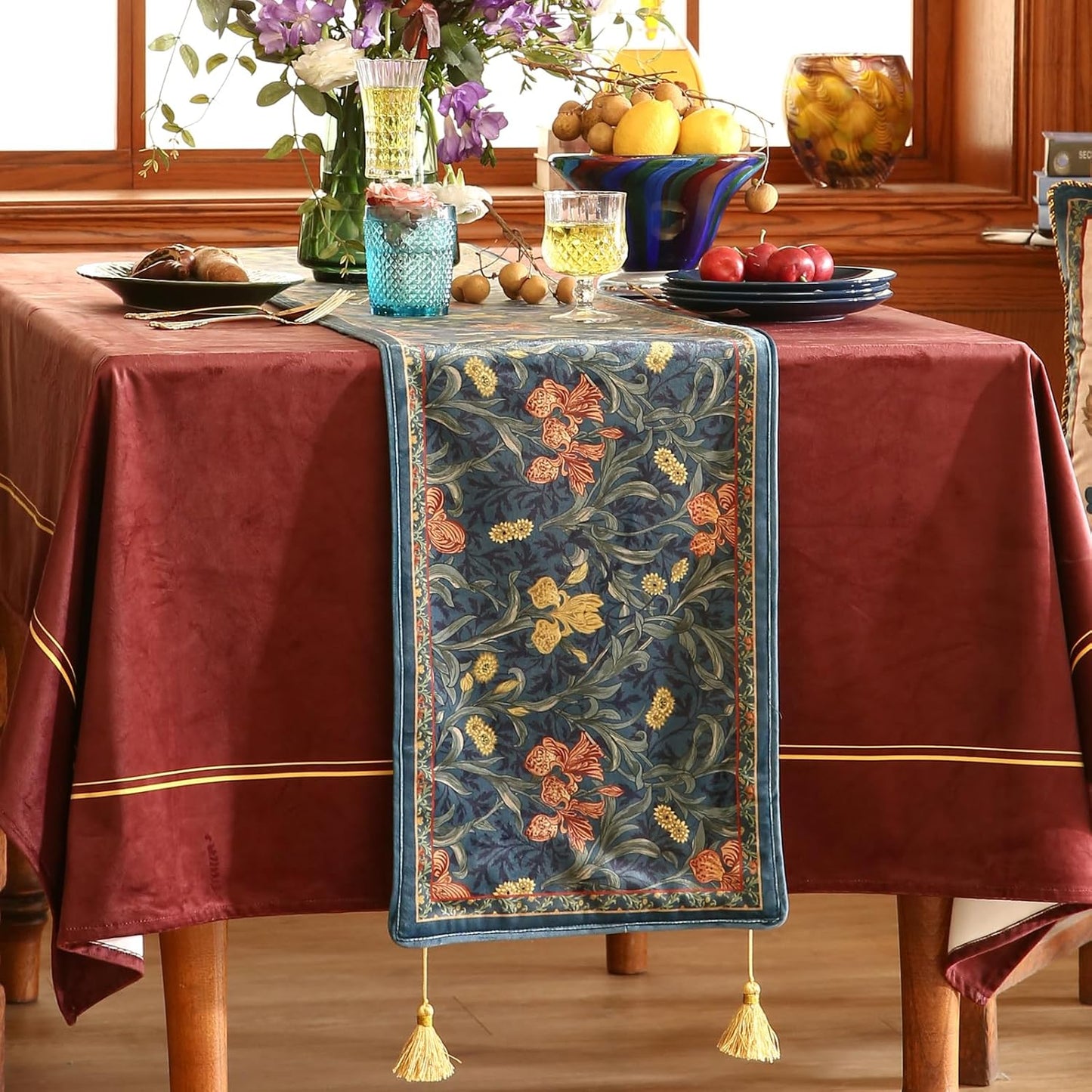 patdrea Designer Casual Wild Floral Velvet Table Runner 118 Inch Long, Dark Blue Occult Bouquets Pattern Table Mat, Decoration for Kitchen Dining Coffee Table Cabinet Banquet Thanksgiving,12"*118"