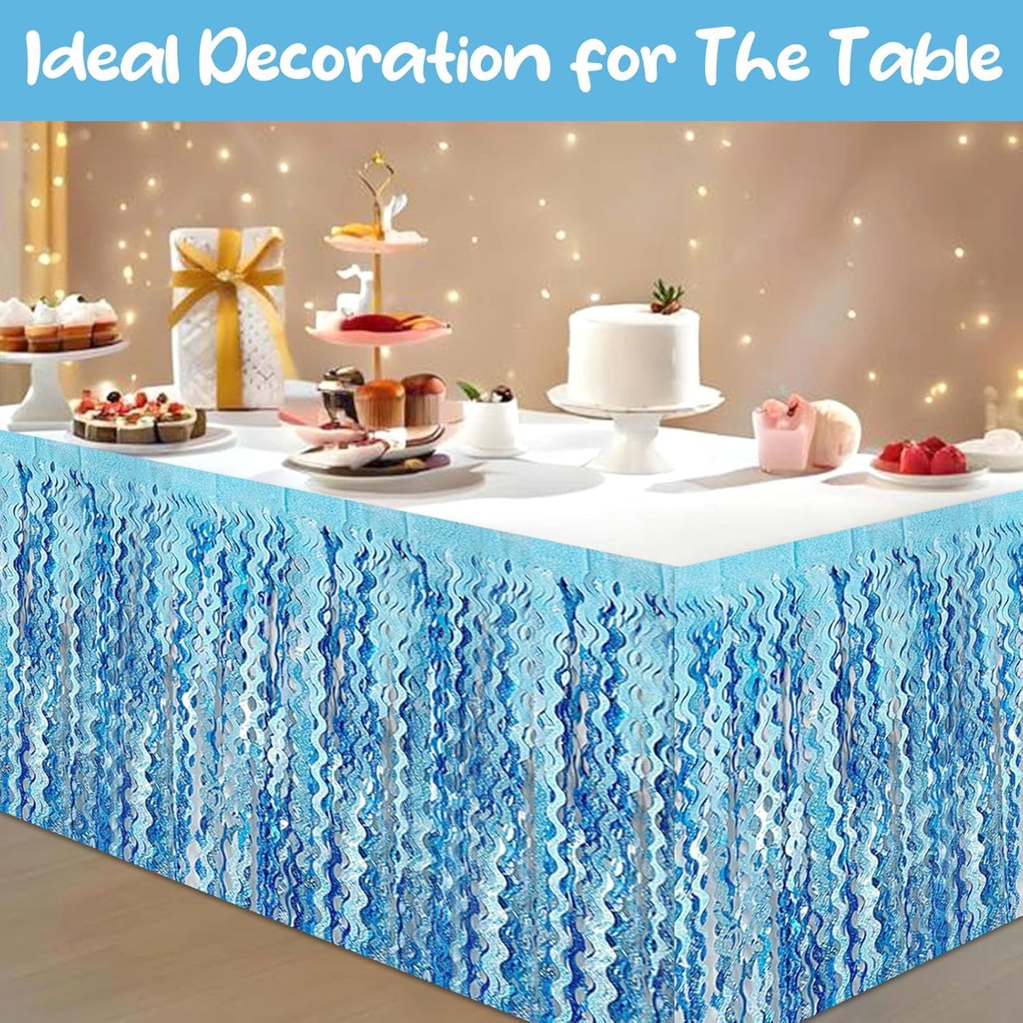 6Pack 29 x108 Inch Light Blue Wave Foil Fringe Table Skirts Metallic Banner for Tinsel Streamer Garland Backdrop for Parade Floats, Mother's Day, Easter, Graduate, Birthday, Wedding Party Decoration