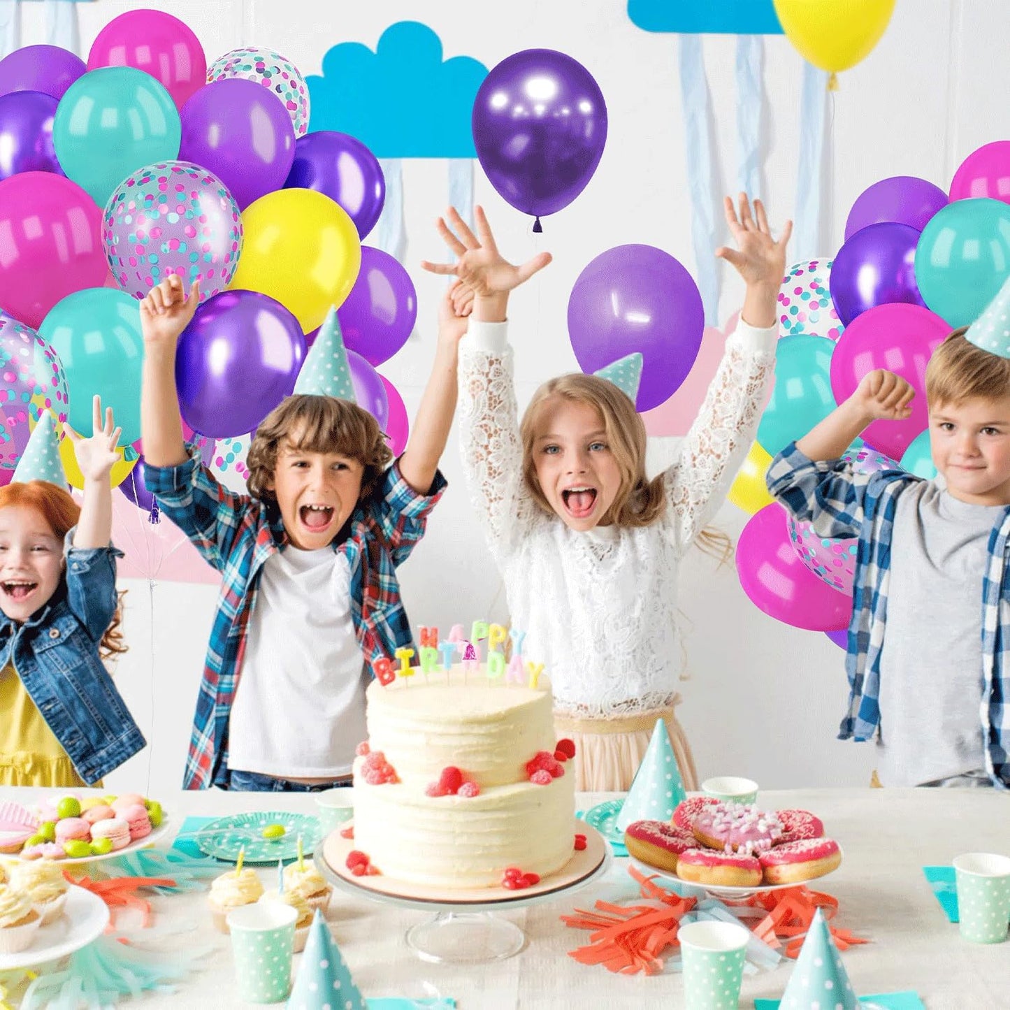 Pink Blue Purple Balloons, 50 Pcs 12 Inches Hot Pink Metallic Purple Teal Yellow Balloons Confetti Balloons for Birthday Kids Theme Decoration Brida Shower Engagement Party Supplies