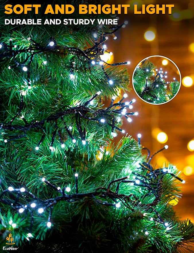 EcoNour 41Ft 1000 LED Cluster Twinkle Lights for Christmas Tree, 8 Modes String Lights for Decoration with Timer and Memory Function, Elegant Cool White Fairy Lights for Magical Home & Indoor