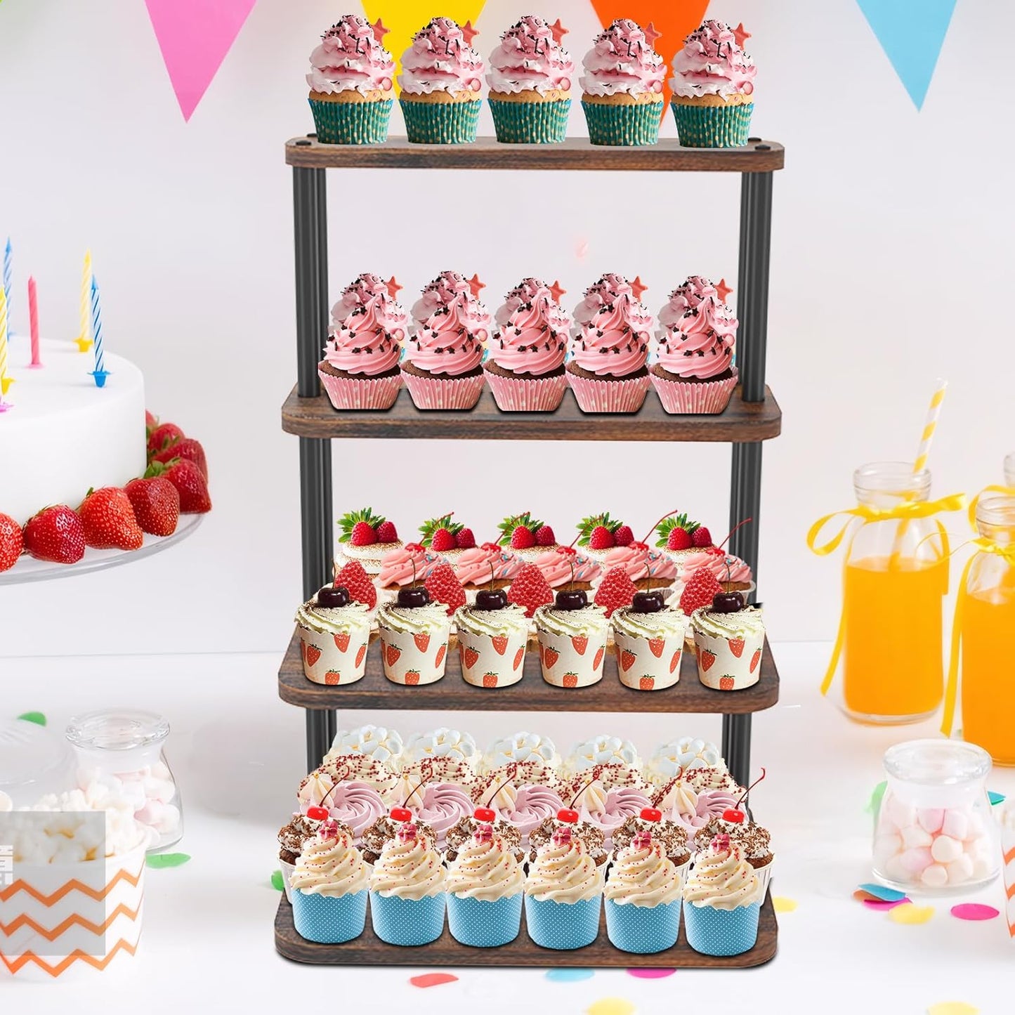 Cupcake Stand, 4 Tier Cupcake Stand for 50 Cupcakes, Wood Cake Stand, Rustic Dessert Table Display Set Tiered Tray Stand, Serving Tray Cake Stands for Party Wedding Birthday