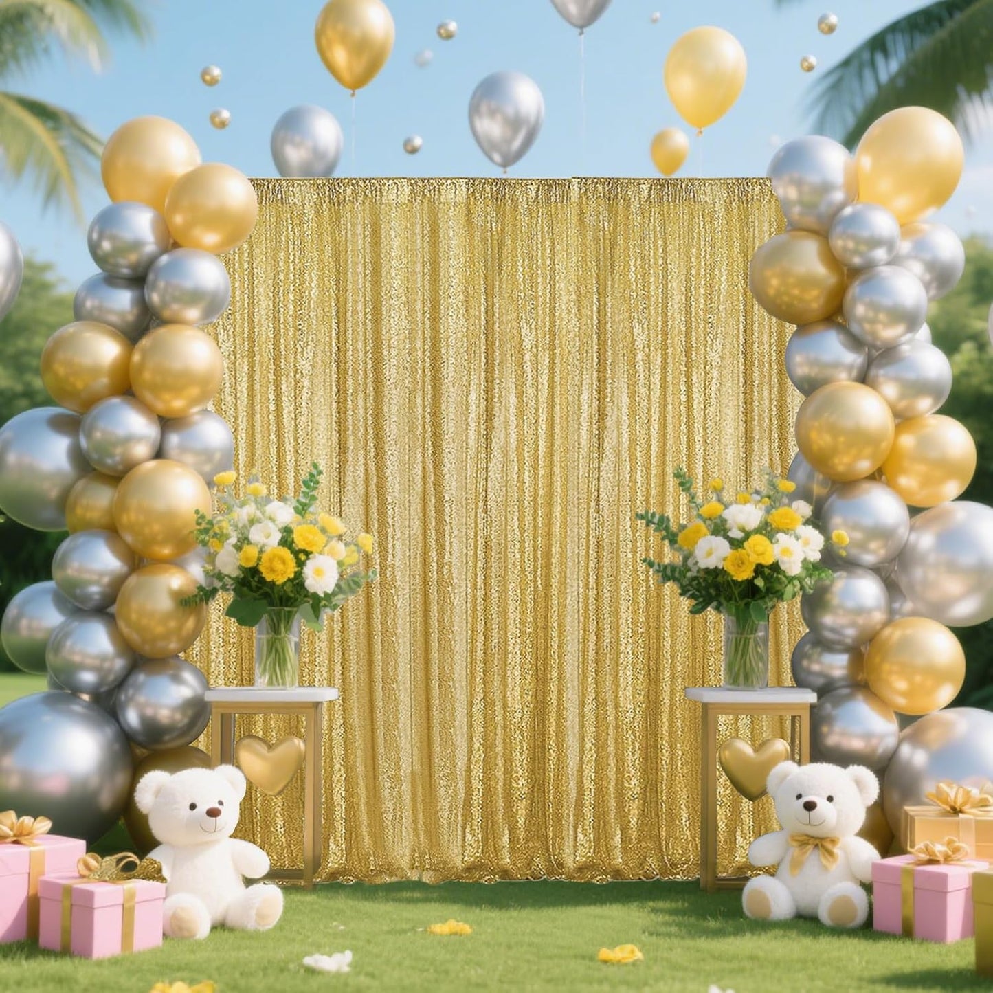 Gold Sequin Backdrop Curtain 4 Pieces 2FTx8FT Glitter Photography Backdrop for Party Wedding Birthday Christmas Decorations