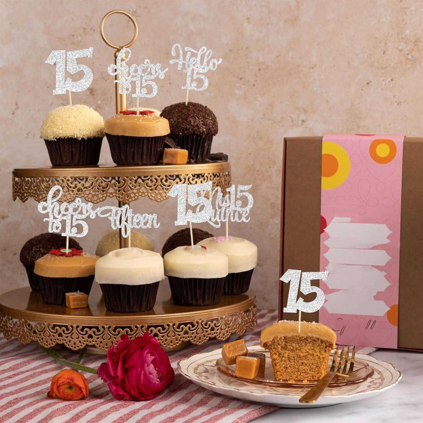 30Pcs 15th Birthday Cupcake Toppers Fifteen Cupcake Picks Cheers to 15 Years Old Mis Quince 15 Cake Decorations for 15th Birthday Anniversary Party Silver Glitter