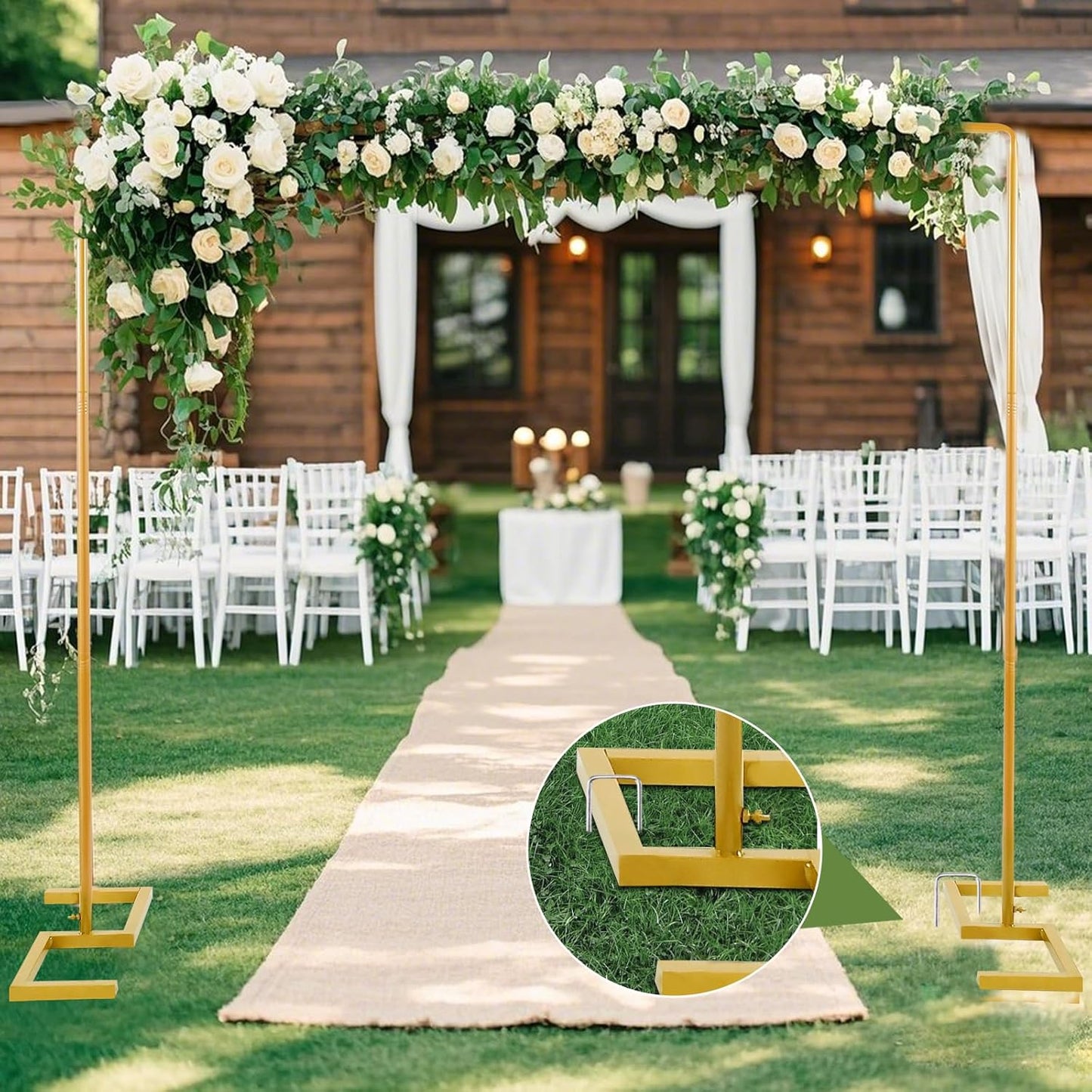 8.2FT Square Arch Backdrop Stand,Metal Gold Backdrop Stand Heavy Duty Adjustable,Extra 2 Clamps Change Over The Table Rod Stand,Wedding Balloon Arch Stand for Baby Shower Parties Decoration