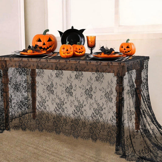 Black Lace Tablecloth Halloween Table Fabric 60x120 Inch for Scary Movies Rustic Wedding Bridal Shower Party Decoration Rectangle Overlay Long Vintage Embroidered Reception Table Cloth Decor