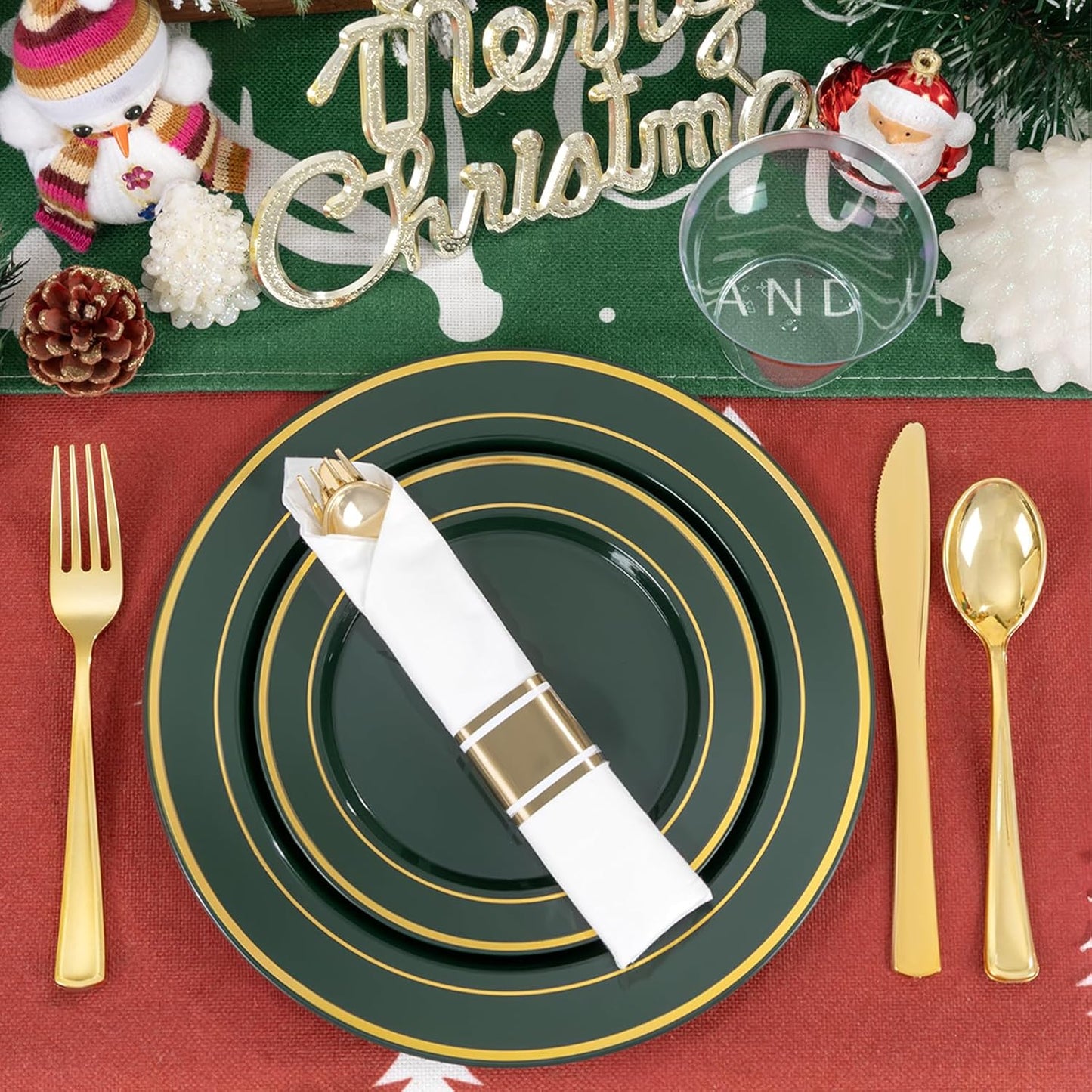 175PCS Green Plastic Plates - Green and Gold Disposable Plates 25Guests Plastic Christmas Plates with Rolled Napkins for Birthday/Christmas