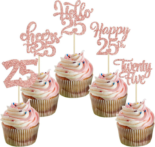 30pcs 25th Birthday Cupcake Toppers - 25th Anniversary Cake Decorations - Rose Gold Glitter