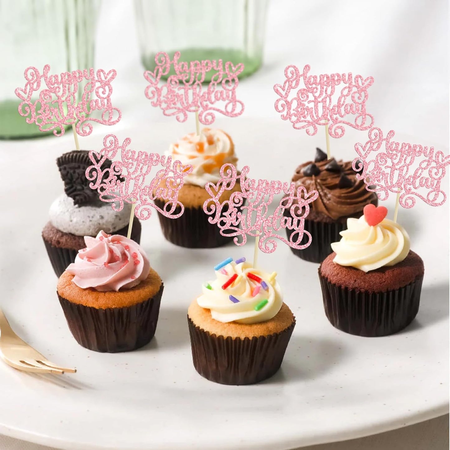 Gyufise 24Pcs Happy Birthday Cupcake Toppers Glitter Happy Birthday Cupcake Picks for Celebrating Happy Birthday Anniversary Theme Party Cake Decorations Supplies Pink