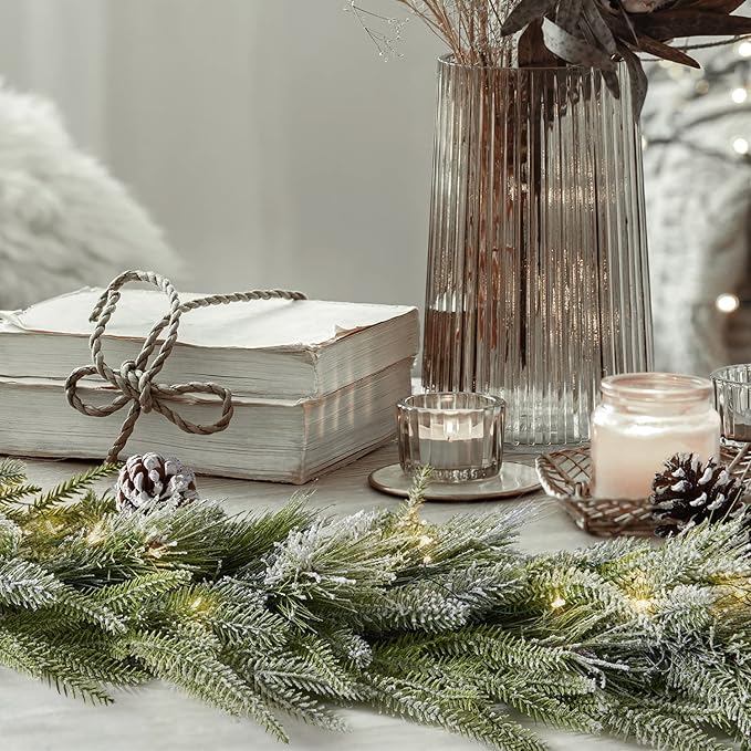 LampLust Garland with Lights Battery Operated, 6 Ft Frosted Garland with Pine Branches, 100 LED Lights with Timer, Spring Greenery for Mantle All Year Round, Dining Table Centerpiece Decor