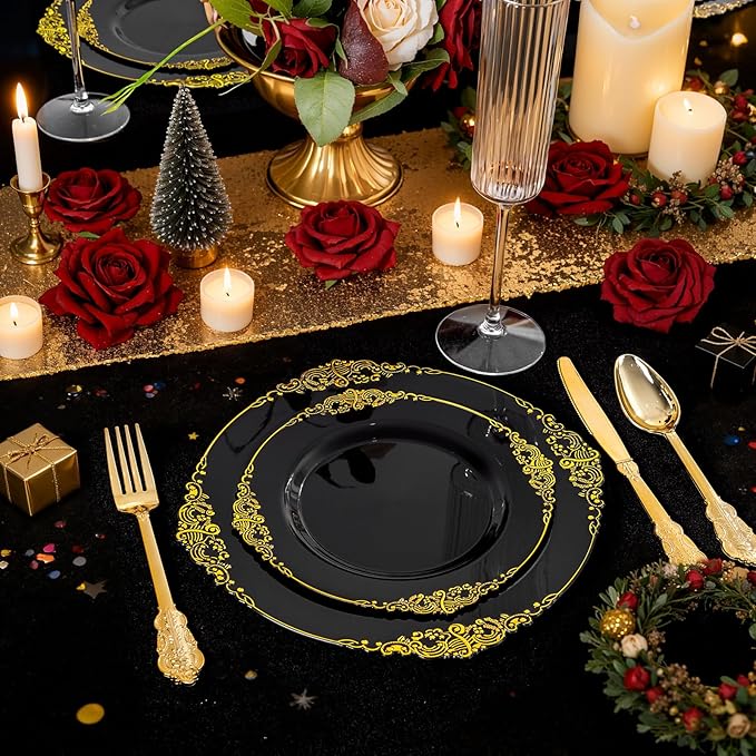 125PCS Black and Gold Plastic Plates - Black Disposable Dinnerware Set - Vintage Plastic Plates with Gold Silverware for 25 Guests for Wedding Party