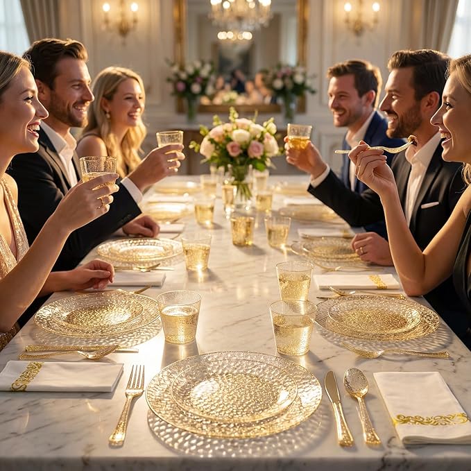 Rubtlamp 350 Pcs Gold Glitter Plastic Plates, Hammered Disposable Plates Set (50 Guests), Glitter Dinnerware Set Include 100 Plastic Plates, 150 Glitter Silverware, 50 Cups And 50 Napkins for New Year