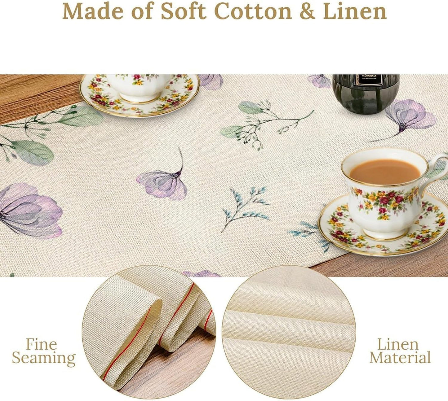 Poppy Flower Table Runner, Watercolor Purple Floral Leaves Seasonal Spring Summer Table Runner for Kitchen Dinning Table Runner Decor Home Wedding Party Holiday, 13x70 Inch