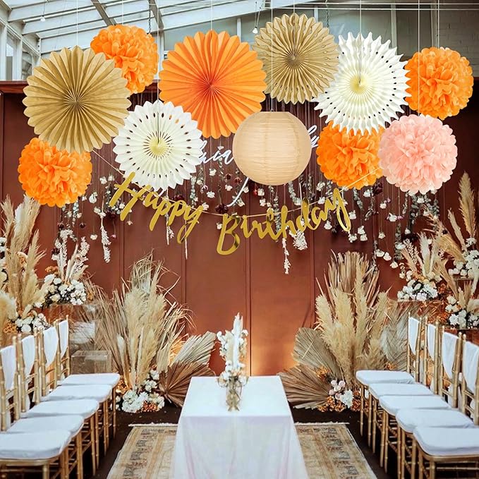 SUNBEAUTY Orange Birthday Party Decorations for Girls Women with Happy Birthday Banner Fall Hanging Paper Fans Tissue Pom Poms Lanterns for Thanksgiving Harvest Friendsgiving Autumn Wedding Decor