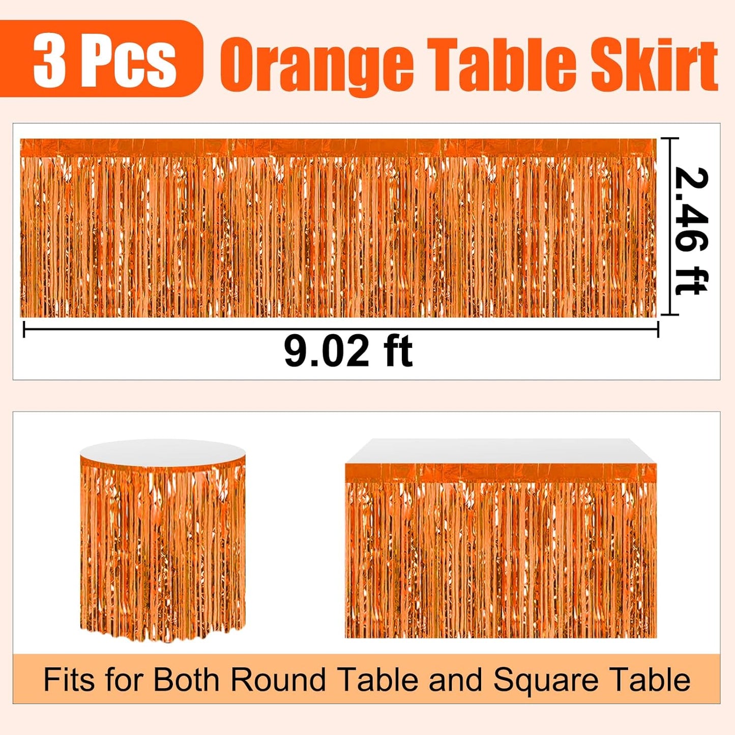 3 Pack 29 x108 Inch Orange Foil Fringe Table Skirts Metallic Banner for Tinsel Streamer Garland Backdrop for Parade Floats Wedding Thanksgiving Birthday Christmas Halloween New Year Party Decoration