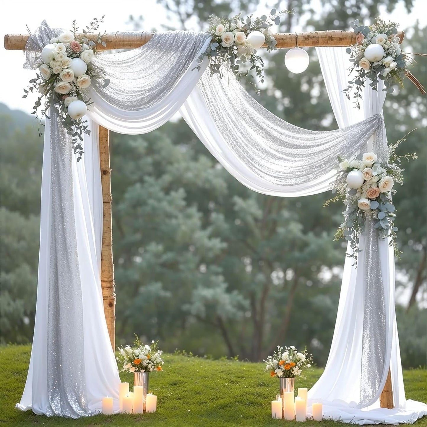 Wedding Arch Draping Fabric, 1 Panel 28" x19ft White Arch Drapes & 1 Panel 16" x19ft Silver Sequin Fabric Drapes Arbor Backdrop Curtain for Wedding Arch Ceremony Bridal Shower Reception