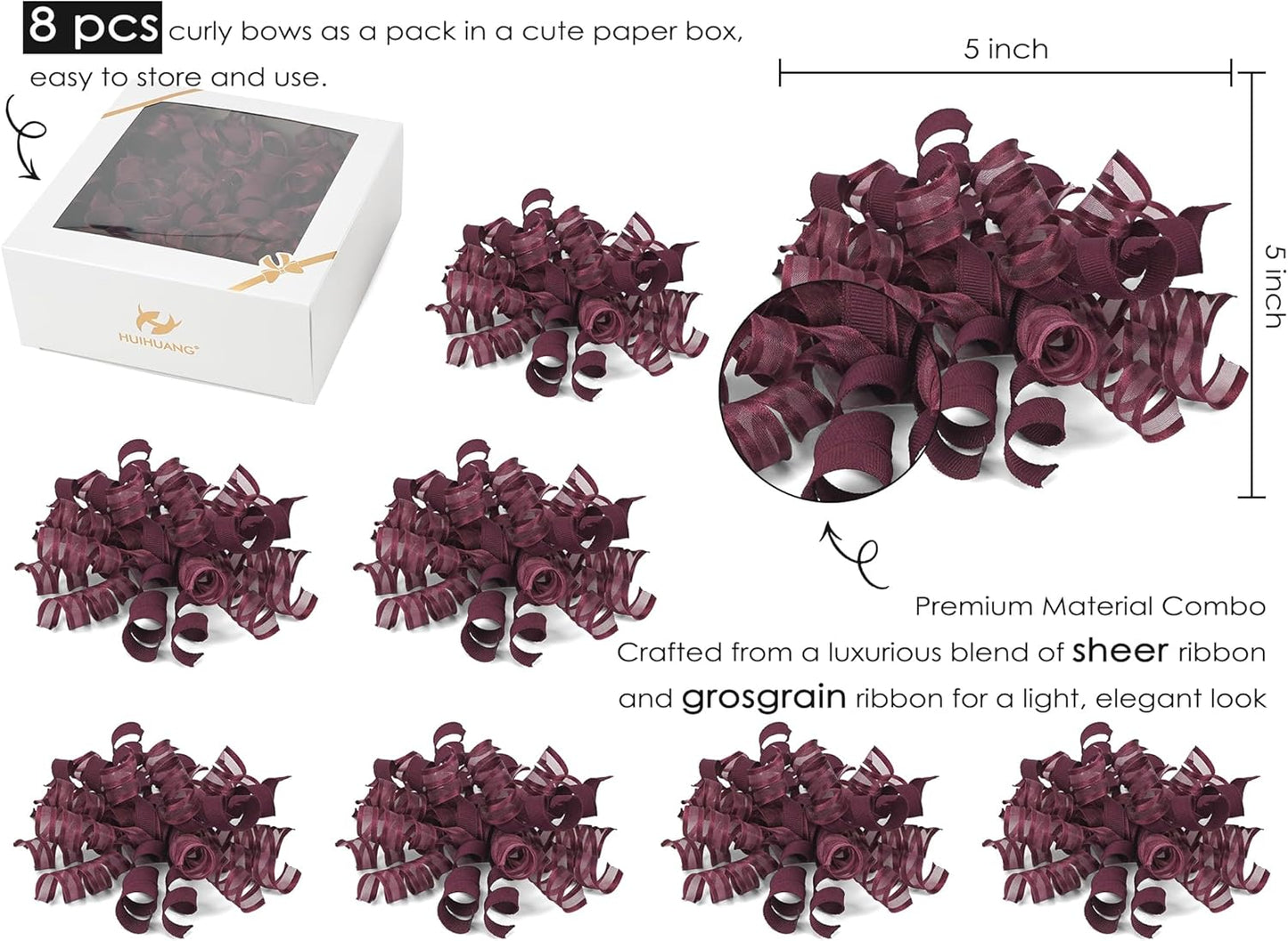 HUIHUANG Christmas Bows for Gift Wrapping Burgundy Curly Gift Bow 5 inch x 8 Counts Wine Red Self-Adhesive Xma Bows for Presents, Paper Bag, Party Favors, Wrapping Accessories
