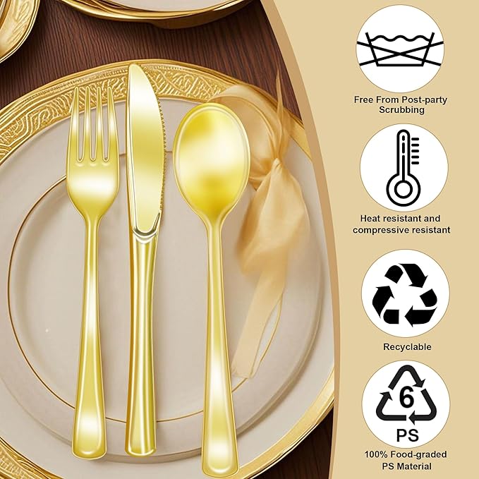Zcaukya 200 Pieces Gold Plastic Silverware Set, Disposable Cutlery Set Including 100 Forks, 50 Knives and 50 Spoons, Eating Implements Flatware in Bulk for Dinner, Weddings and Birthday Parties