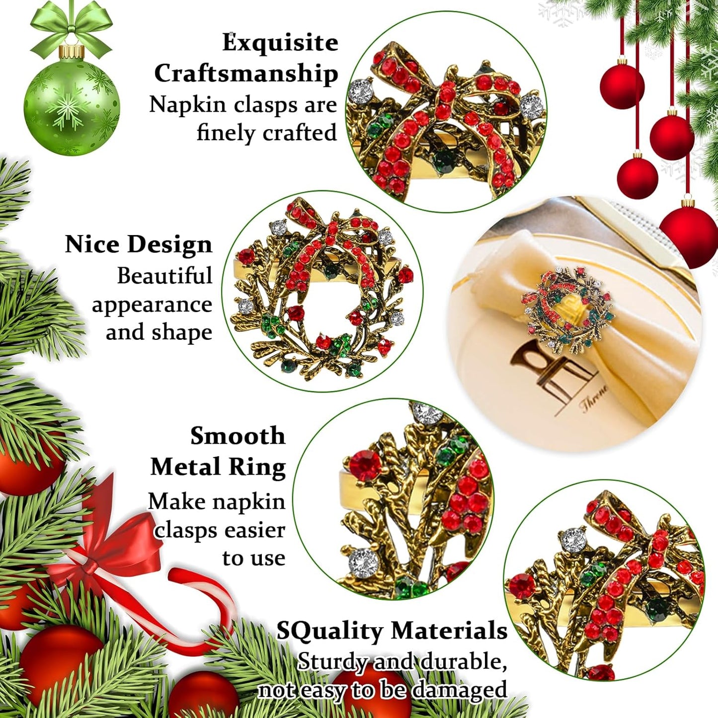 Halatool Set of 8 Christmas Napkin Rings Delicate Wreath Napkin Holder for Christmas Thanksgiving Holiday Party Table Decoration